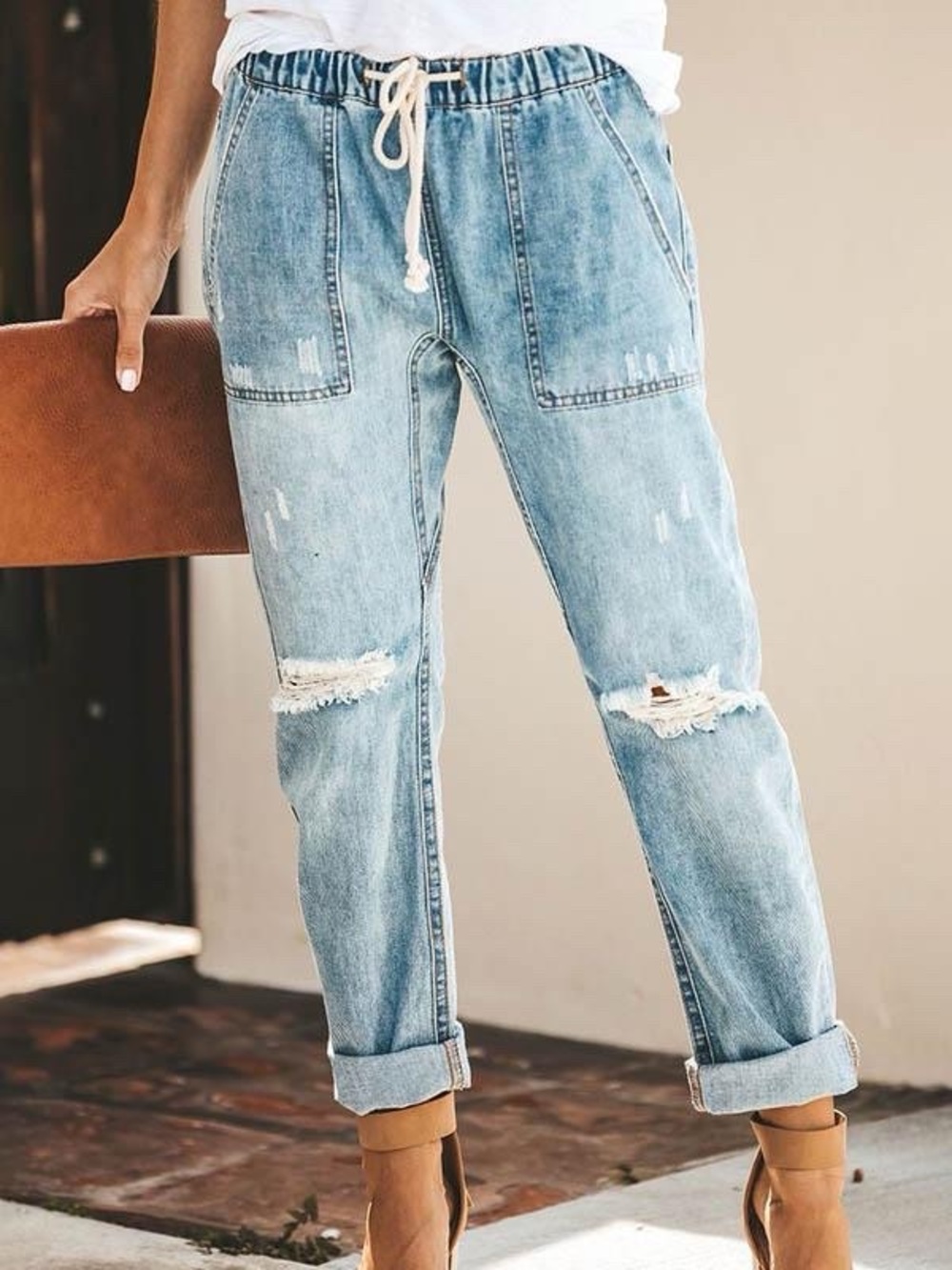 Easel Distressed Drawstring Boyfriend Jeans | Light Wash | 100% Cotton | Relaxed